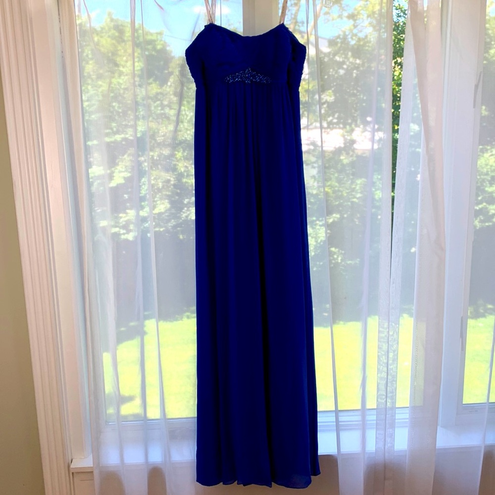 Royal blue strapless floor length gown